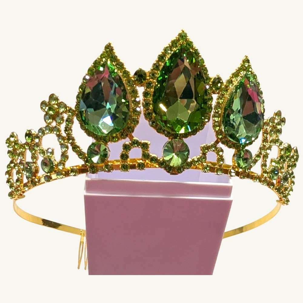 New Tiara Crown Green Gold Tone Rhinestone Crystal Teardrop Pageant Crown August